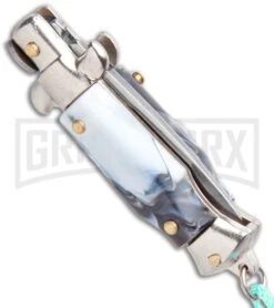 Italian Stiletto Gray Marble Automatic Knife Teal Keychain - Flat Grind 6 Italian Stiletto Gray Marble Automatic Knife Teal Keychain - Flat Grind -Gerber Knives Store SKM Italian Stiletto Keychain Auto Marble Teal Satin BHQ 102943 jr side large