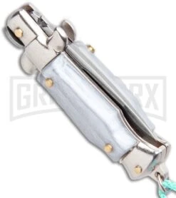 Italian Stiletto Gray Automatic Knife Teal Keychain - Flat Grind -Gerber Knives Store SKM Italian Stiletto Keychain Auto Silver Teal Satin BHQ 102942 jr side large