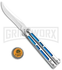 Silver/Blue Inlay Balisong Butterfly Knife - Satin Plain -Gerber Knives Store Silver Blue Inlay Balisong Satin GX 37631 jr bottlecap large
