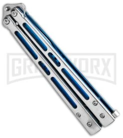 Front Page 28 Front Page -Gerber Knives Store Silver Blue Inlay Balisong Satin GX 37631 jr side large