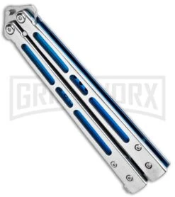 Silver/Blue Inlay Balisong Butterfly Knife - Satin Plain -Gerber Knives Store Silver Blue Inlay Balisong Satin GX 37631 jr spine large