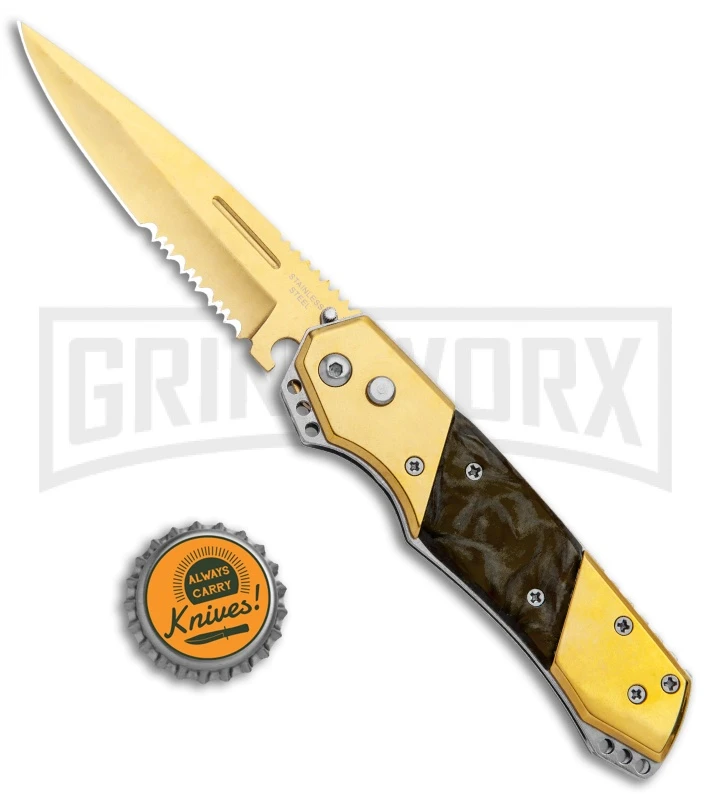 Super Knife Croc Automatic Knife Stainless Gold W/ Brown Inlay - Satin Serr 4 Super Knife Croc Automatic Knife Stainless Gold W/ Brown Inlay - Satin Serr - Image 4