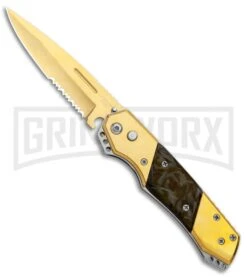 Super Knife Croc Automatic Knife Stainless Gold W/ Brown Inlay - Satin Serr
