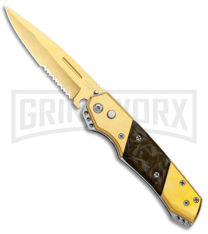 Super Knife Croc Automatic Knife Stainless Gold W/ Brown Inlay - Satin Serr 1 Super Knife Croc Automatic Knife Stainless Gold W/ Brown Inlay - Satin Serr