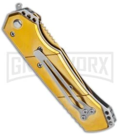 Super Knife Croc Automatic Knife Stainless Gold W/ Brown Inlay - Satin Serr 6 Super Knife Croc Automatic Knife Stainless Gold W/ Brown Inlay - Satin Serr -Gerber Knives Store Super Knife Croc Auto Stainless Gold Brown Serr GX 35769 jr side large