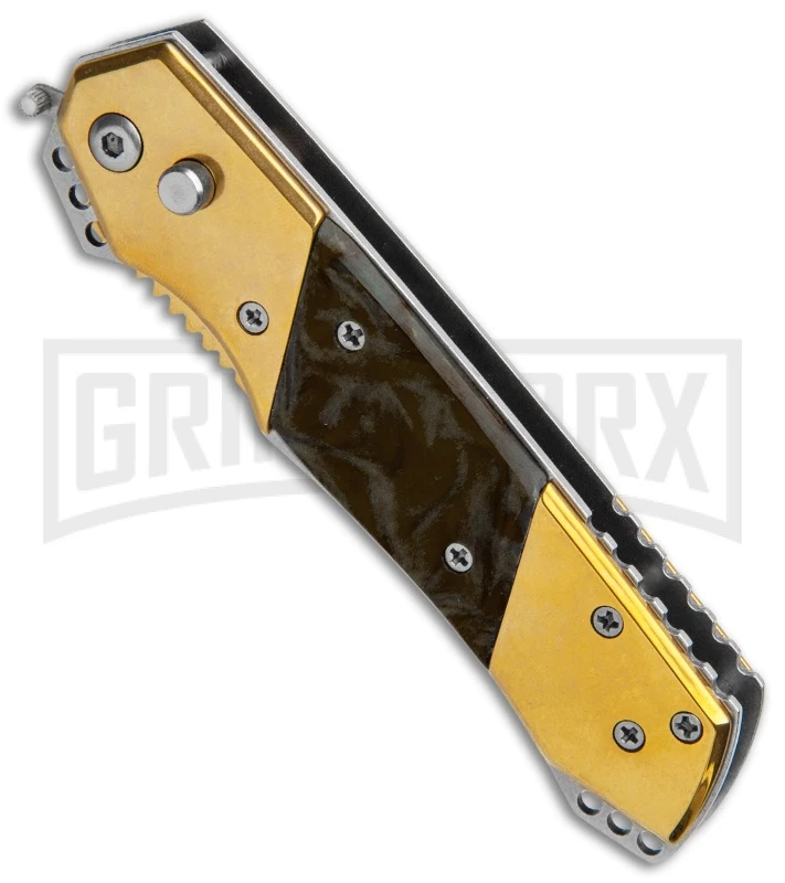 Super Knife Croc Automatic Knife Stainless Gold W/ Brown Inlay - Satin Serr 2 Super Knife Croc Automatic Knife Stainless Gold W/ Brown Inlay - Satin Serr - Image 2