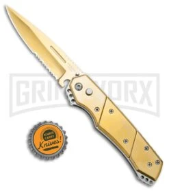 Super Knife Croc Automatic Knife Stainless Gold W/ Gold Inlay - Gold Serr 7 Super Knife Croc Automatic Knife Stainless Gold W/ Gold Inlay - Gold Serr -Gerber Knives Store Super Knife Croc Auto Stainless Gold Gold Inlay Gold Serr GX 34967 jr bottlecap large