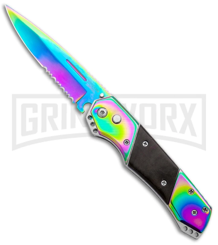 Super Knife Croc Automatic Knife Stainless Rainbow W/ Brown Inlay - Rainbow Serr 1 Super Knife Croc Automatic Knife Stainless Rainbow W/ Brown Inlay - Rainbow Serr