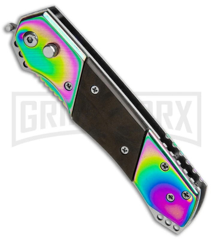 Super Knife Croc Automatic Knife Stainless Rainbow W/ Brown Inlay - Rainbow Serr 2 Super Knife Croc Automatic Knife Stainless Rainbow W/ Brown Inlay - Rainbow Serr - Image 2