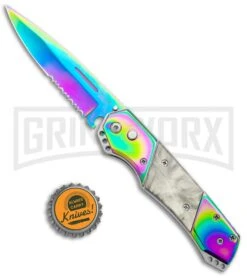 Super Knife Croc Automatic Knife Stainless Rainbow W/ White Inlay - Rainbow Serr -Gerber Knives Store Super Knife Croc Auto Stainless Rainbow White Spectrum Serr GX 35780 jr bottlecap large
