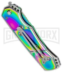 Super Knife Croc Automatic Knife Stainless Rainbow W/ White Inlay - Rainbow Serr -Gerber Knives Store Super Knife Croc Auto Stainless Rainbow White Spectrum Serr GX 35780 jr side large
