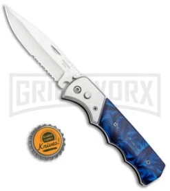 Super Knife Dingo Blue Marble Acrylic Automatic Knife - Satin Serr -Gerber Knives Store Super Knife Dingo Blue Marble Acrylic Auto Satin Serr GA623SLMBL GX 33492 jr bottlecap large