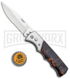 Super Knife Dingo Brown Marble Acrylic Automatic Knife - Satin Serr -Gerber Knives Store Super Knife Dingo Brown Marble Acrylic Auto Satin Serr GA623SLMBRN GX 33497 jr bottlecap large
