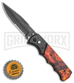 Super Knife Dingo Orange Flame Automatic Knife - Black Serr -Gerber Knives Store Super Knife Dingo Flame Automatic Knife Black Serr GA623PFA GX 35951 Bottlecap large