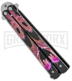 Super Knife Pink Balisong Butterfly Knife Dragon - Tanto Satin -Gerber Knives Store Super Knife Pink Balisong Butterfly Dragon Tanto Satin GX 37355 jr side large