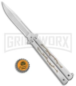 Super Knife Silver Balisong Butterfly Knife Dragon - Satin Serr -Gerber Knives Store Super Knife Silver Balisong Butterfly Dragon Satin Serr GX 36281 jr bottlecap large