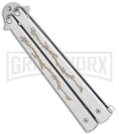 Super Knife Silver Balisong Butterfly Knife Dragon - Satin Serr -Gerber Knives Store Super Knife Silver Balisong Butterfly Dragon Satin Serr GX 36281 jr side large
