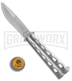 Super Knife Sleek Slinger Silver Balisong Butterfly Knife - Satin Plain -Gerber Knives Store Super Knife Sleek Slinger Silver Bali Satin plain BP 30074 er bottlecap large