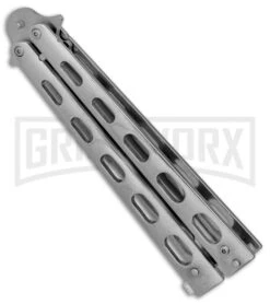 Super Knife Sleek Slinger Silver Balisong Butterfly Knife - Satin Plain -Gerber Knives Store Super Knife Sleek Slinger Silver Bali Satin plain BP 30074 er spine large