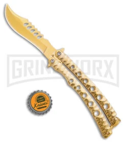 Swift Gold Persian Balisong Coated Butterfly Knife - Gold -Gerber Knives Store Swift Gold Persian Balisong Coated Butterfly Gold BHQ 163658 jr bottlecap large