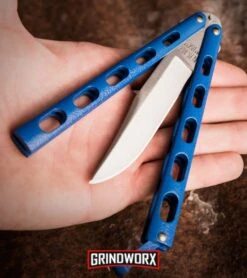 Bear And Son Knives 114 Blue Balisong Butterfly Knife - Satin Plain 4TH18 -Gerber Knives Store bear and son butterfly knife blue zinc bp large