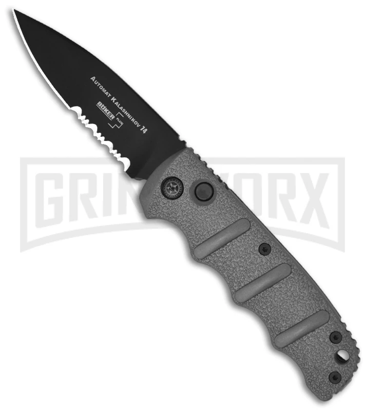 Boker Kalashnikov 74 Gray Automatic Knife - D2 Black Serr 1 Boker Kalashnikov 74 Gray Automatic Knife - D2 Black Serr