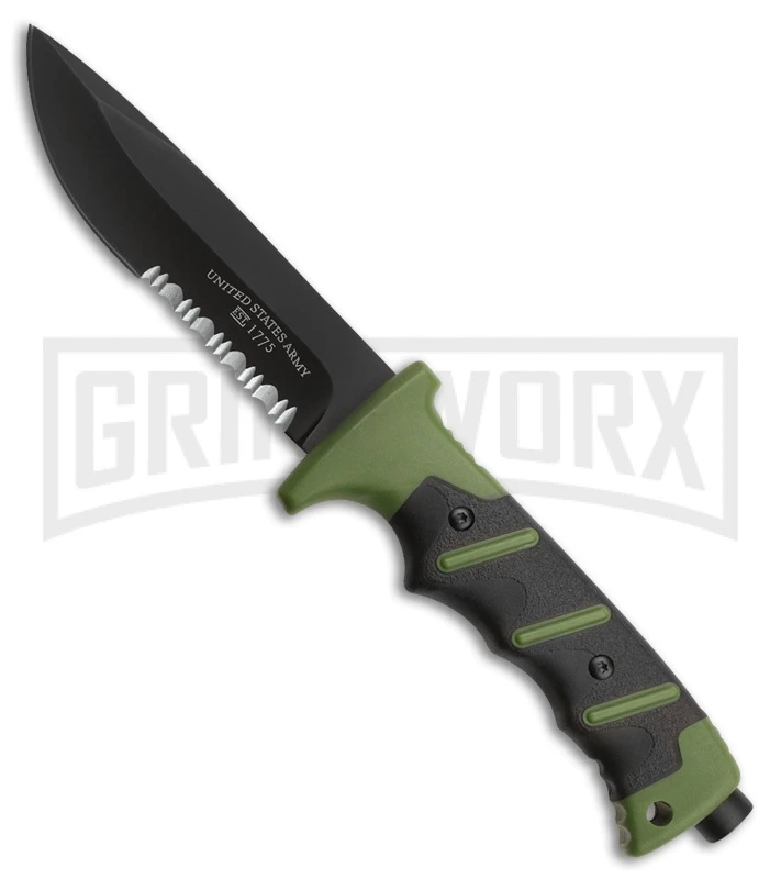 US Army Valor Green/Black Fixed Blade Knife W/ Sheath - Black Serr 1 US Army Valor Green/Black Fixed Blade Knife W/ Sheath - Black Serr
