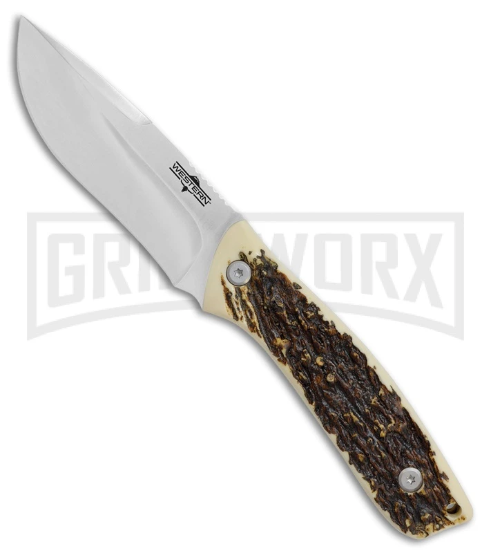 Western Cross-Trail Brown Delrin Stag Fixed Blade Knife - Satin Plain 1 Western Cross-Trail Brown Delrin Stag Fixed Blade Knife - Satin Plain